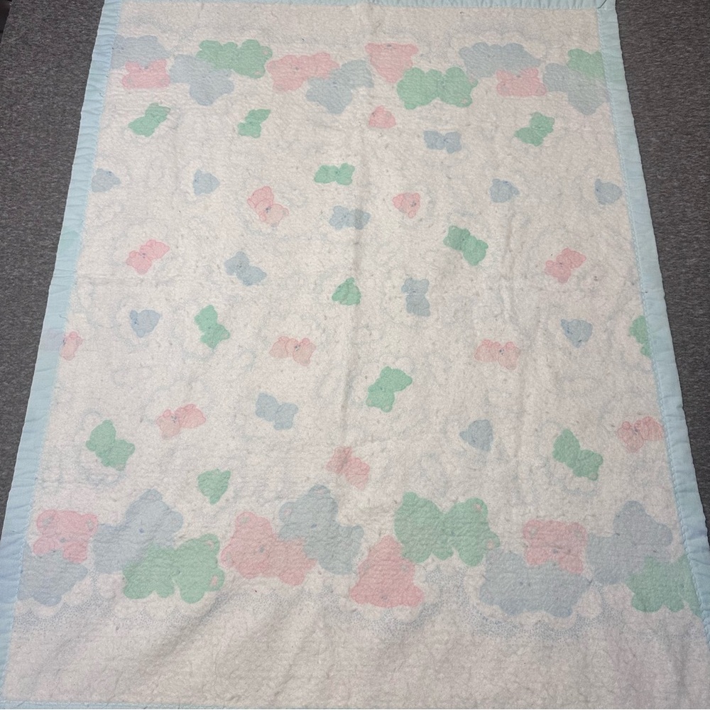 Vintage Cuddle Time Baby Blanket Sleeping Teddy Bear Cloud Pastel Blue Trim 45”